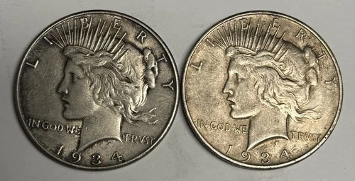 VF 1934-P + 1934-D Peace Silver Dollars (all original!), U.S. Coins Set Lot $1