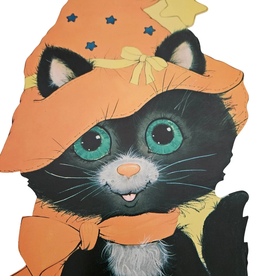 Vintage Eureka Halloween Black Cat Witch Pumpkin Die Cut Cardboard 17" 1980s USA - Image 2 of 4