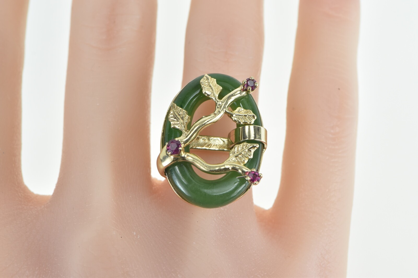 14K Jade Ring Ruby Tree Branch Cherry Blossom Yel… - image 5