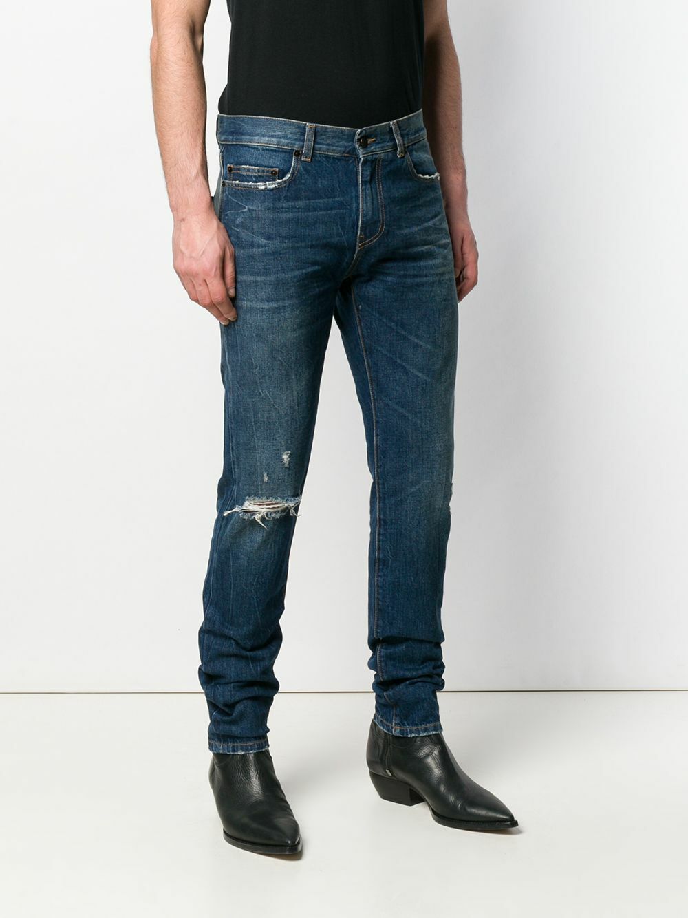 Jeans skinny da uomo Saint Laurent blu scuro strappati al ginocchio nuovi con etichette 30 $890