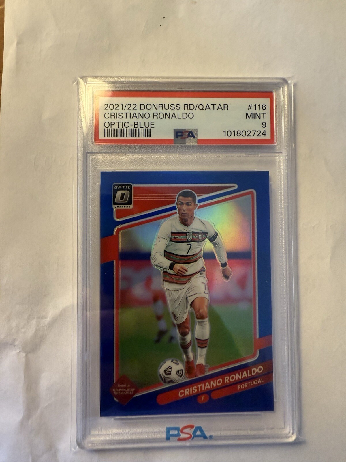 2021-22 Donruss Road to Qatar Cristiano Ronaldo 116 OPTIC BLUE 84/99 PSA 9 MINT