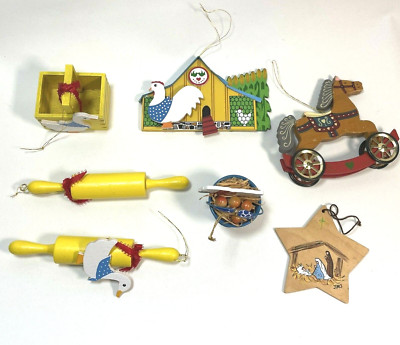 LOT 8 Vtg Wooden Farm Ornaments Rolling Pin Duck Sheep Chicken Coop Rocking Hors