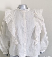 NWT A NEW DAY RUFFLED DOT TOP BLOUSE Size M BUTTON FRONT 100 Cotton Puff Sleeve