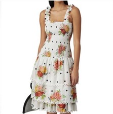 Farm Rio Nanaju Tropical Polka Dot White Smocked Tiered Midi Dress