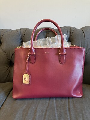 Lauren Ralph Lauren Leather Double Zip Satchel Bag Burgundy