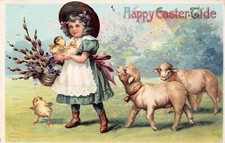 Antique Easter Card Fantasy Child Lambs Chicks Flower Basket Vtg Postcard D19
