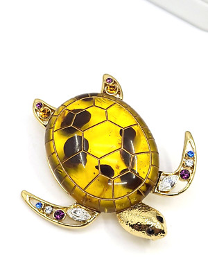 Unsigned Ciner? Sea Turtle Brooch Tortoise Shell Plastic Jelly Belly Rhinestone