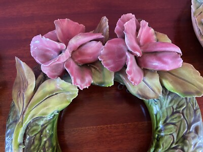 Rare Antique Barbotine French majolica Pink Red Iris Green wreath Pottery
