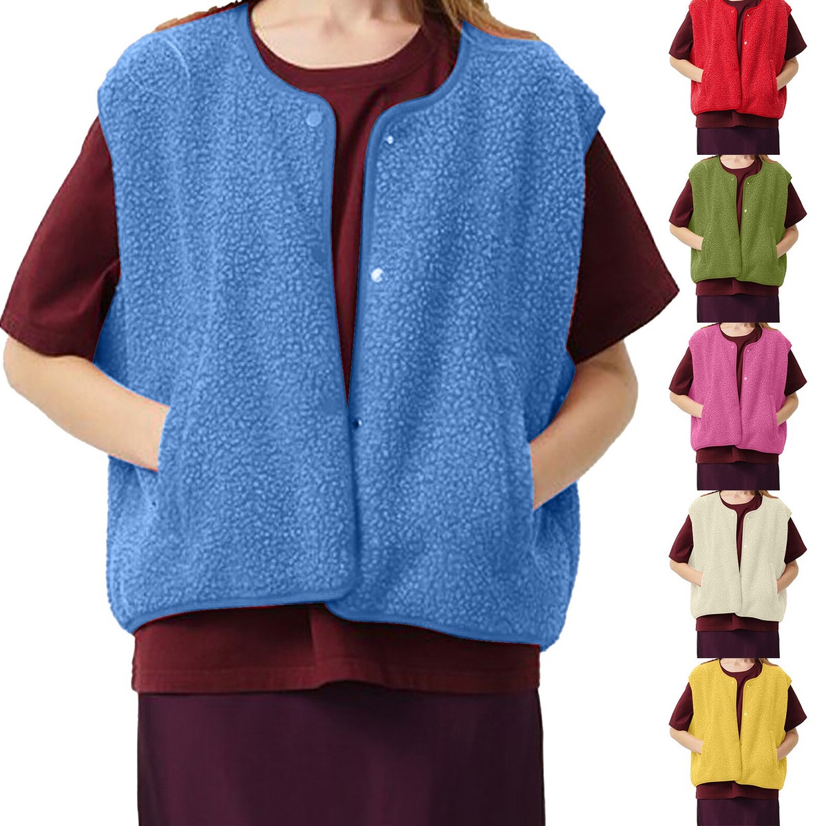 Women's Fuzzy Fleece Vest Cropped Casual Button Down Sleeveless