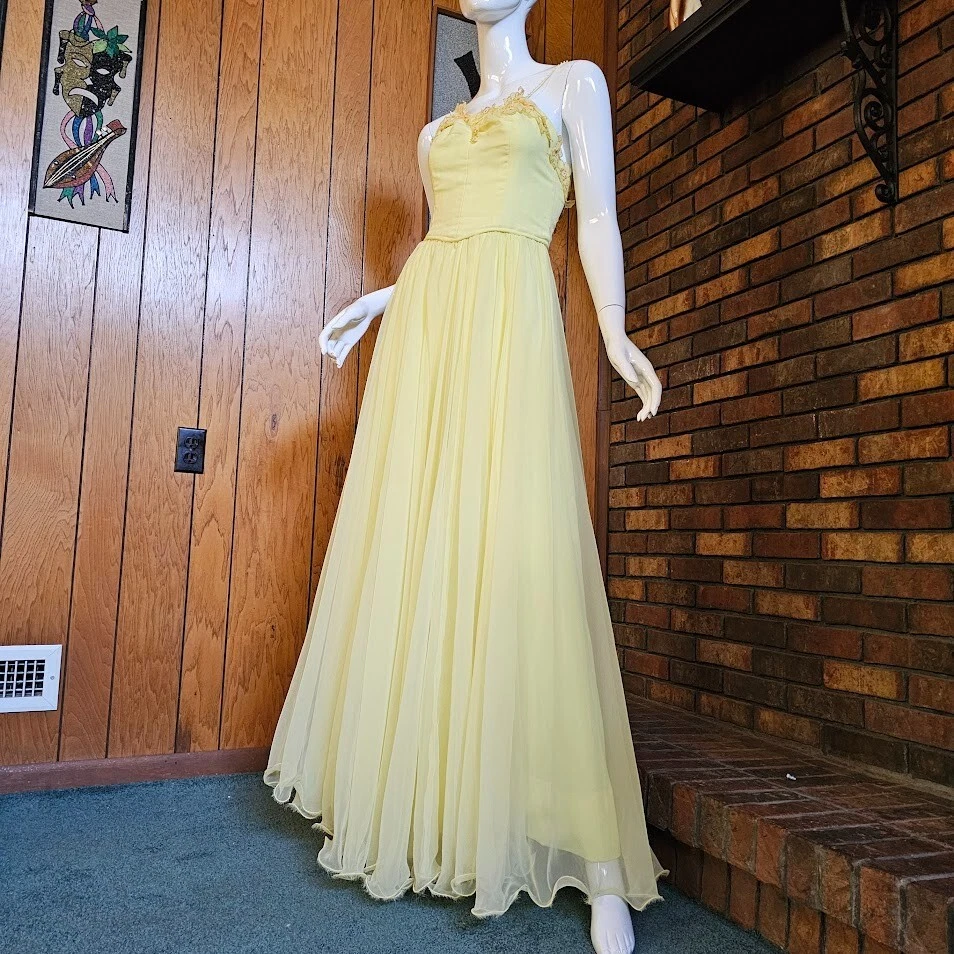 De Colección Años 60 Amarillo Limón Gasa Novia Baile de graduación Vestido Formal Noche Vestido S Foto 3 de 4