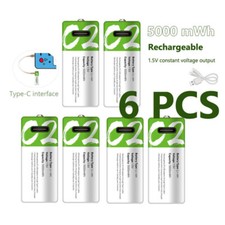 6PCS 5000mWh USB C2 Li-ion Rechargeable Battery 1.5V Fast Charge Type C Cable