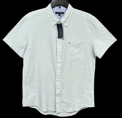 Tommy Hilfiger Mens Porter Cotton Linen Shirt Size L Light Blue Short Sleeve - Picture 7 of 7
