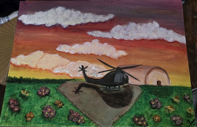 Realism Acrylic Painting Helicopter Sunset Clouds Hangar Flowers on Canvas Art