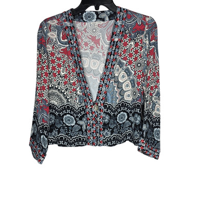 John Mark Boho Artsy Cropped Cardigan Size S Blue Red Pattern One Button Women