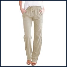 Women Cotton Linen Drawstring Pants Elastic Waist Loose Straight Leg Trousers
