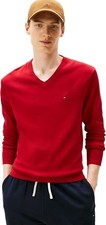 Tommy Hilfiger Men's Cotton Solid V Neck Sweater Lightweight PulloverRed Sz M