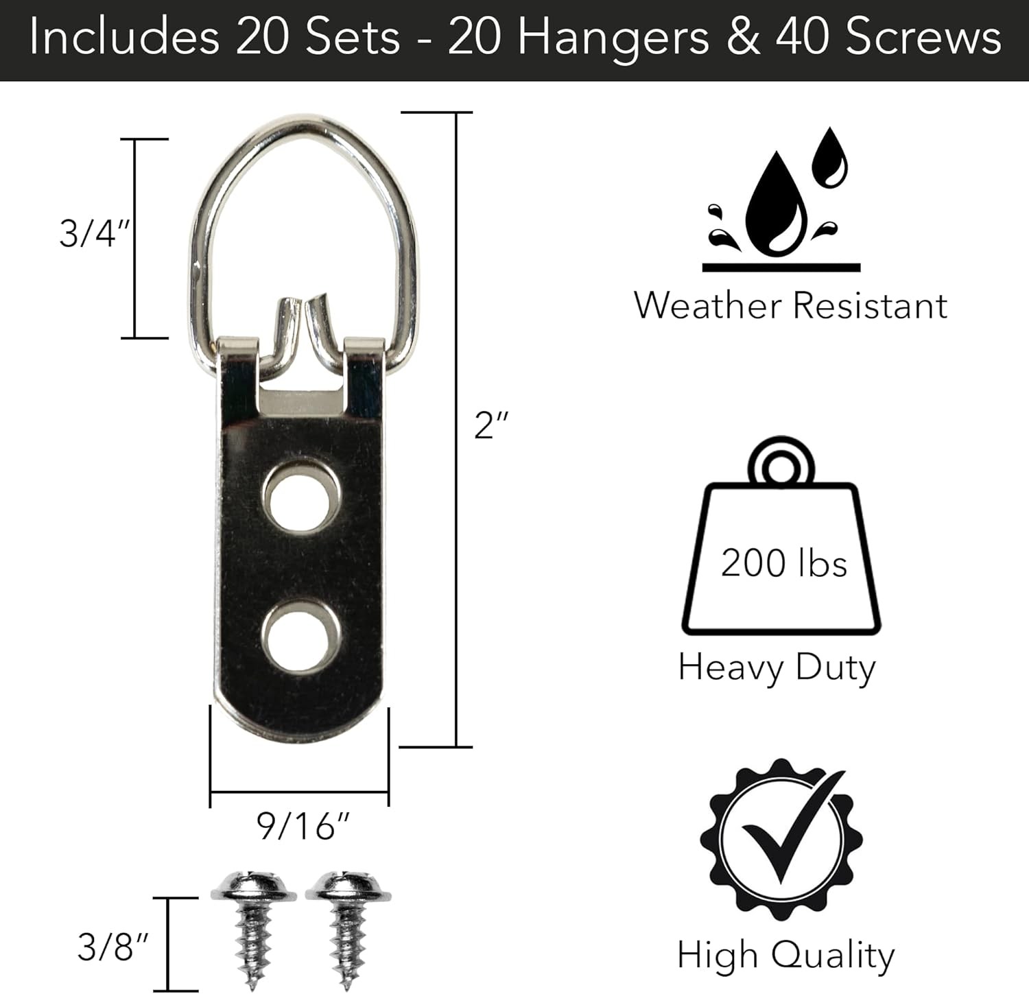 20-Pack Heavy Duty D-Ring Picture Hangers - Double Hole Steel Hooks New