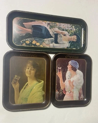 Vtg Coca-Cola Tin Serving Tray Lot 3 pc. 2 are Replica And 1 Original Check Pics