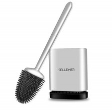 Sellemer Toilet Brush and Holder Set - Flexible Bowl Head Silver