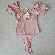 Altar'd State Bodysuit Womens Medium Pink Ribbed Ruched Sleeve Sweetheart Neck
