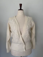 Cervelle Lambswool Angora Pearl Beaded Floral Cardigan Sweater Cream Women’s S
