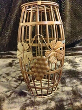 IRON WINE BOTTLE CORK HOLDER CAGE BARREL W/LID & VINE GRAPES 12" TALL
