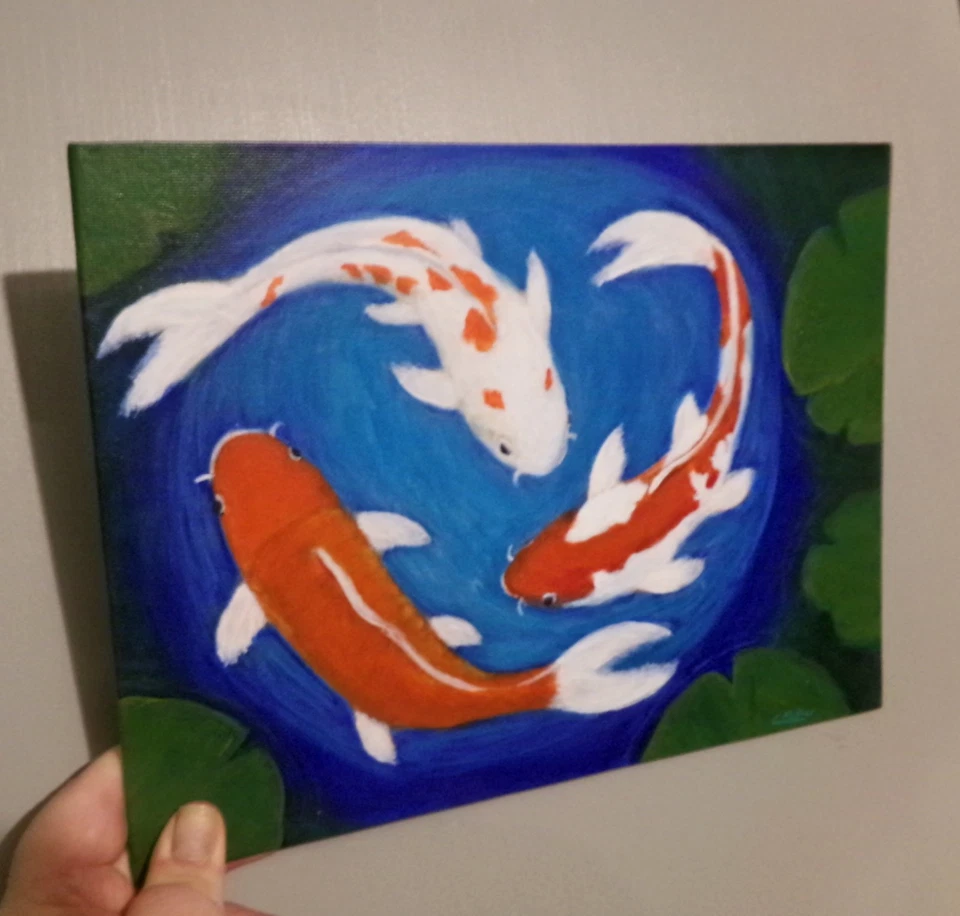 Pintura original de estanque de peces Koi por Chris Miller 9x12 arte de pared decoración firmada Foto 3 de 4