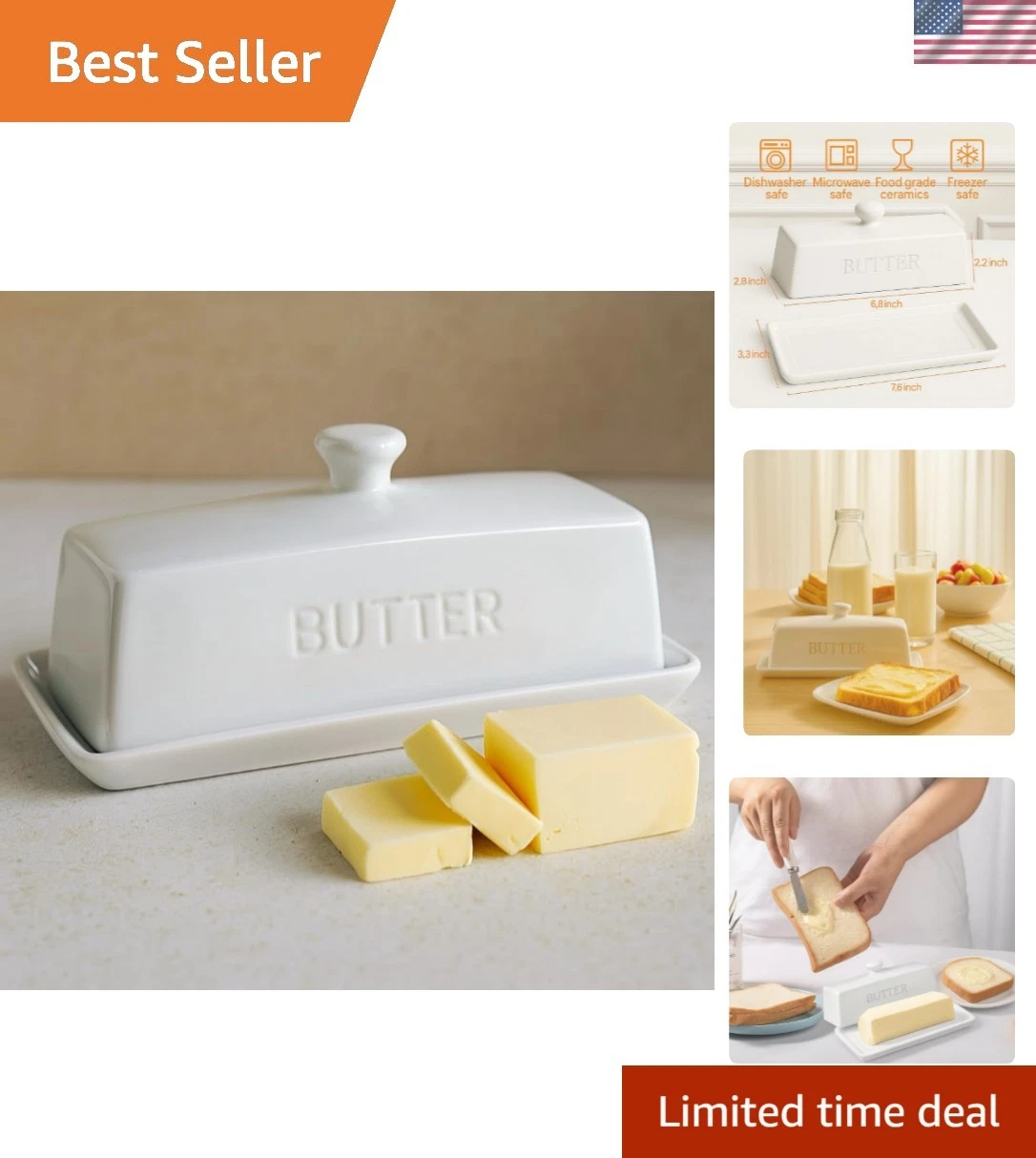 Butter Dish with Lid, Butter Dish With Lid for Countertop,7.6" x 3.3" Butter ...