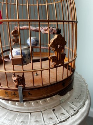 Small Wooden Dometop Bird Cage with Painted Details, Chinese Design