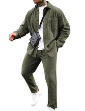 Mens 2 Pieces Casual Suit Long Sleeve Corduroy Button Down Shirt Jacket Joggi...