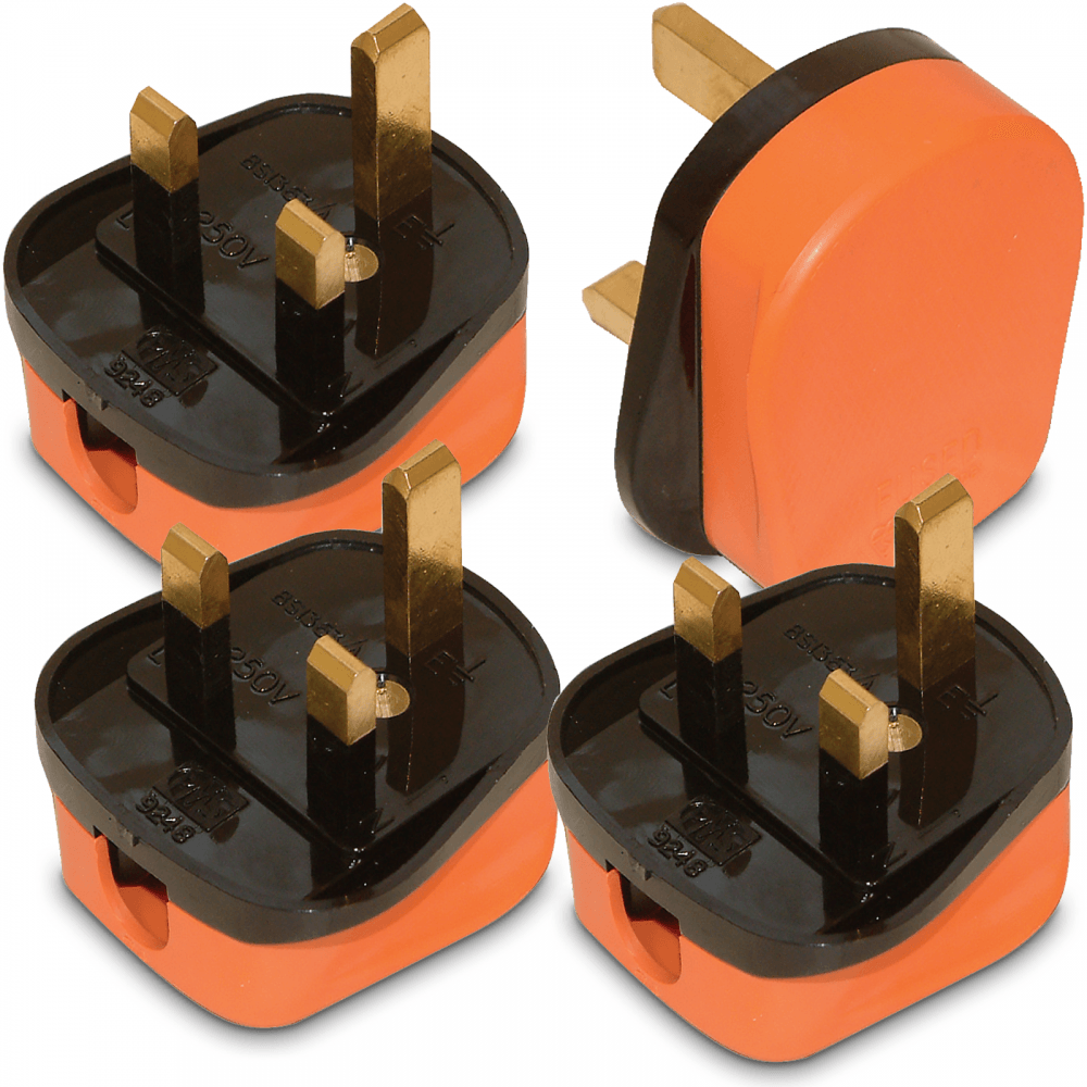 4x Rubber UK 13A 13 AMP Fused Plug Top Orange Mains Household Plugs 3 Pin