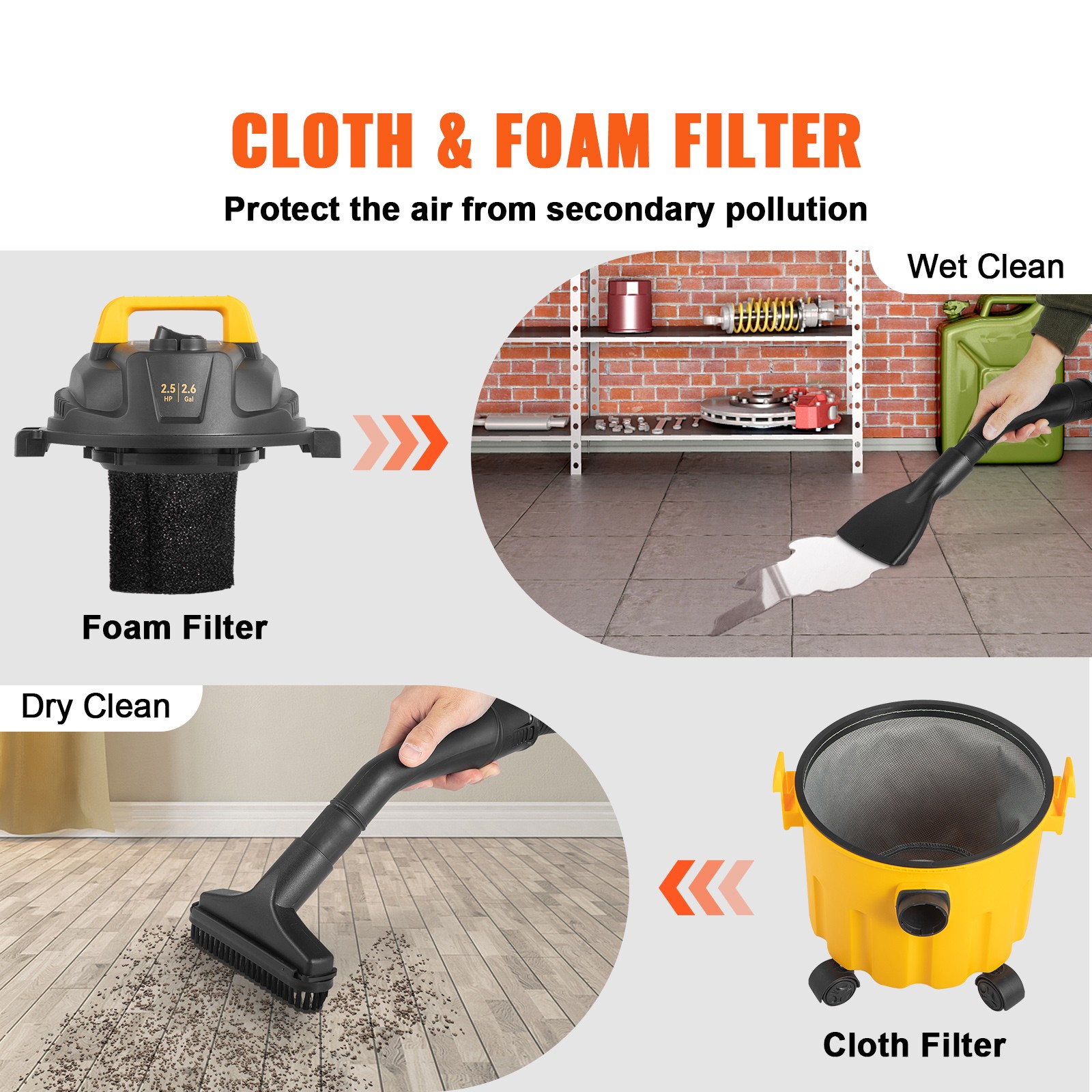 3-in-1 2.5 HP Wet Dry Shop Vacuum 2.6 Gal Portable Blower Car Detailing Powe Vac