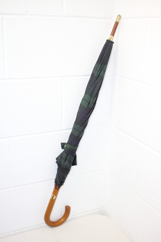 Vintage Polo Ralph Lauren Tartan Plaid Blue Green Golf Umbrella Wood Shaft EUC!
