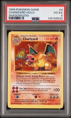 1999 POKEMON GAME SHADOWLESS #4 CHARIZARD-HOLO PSA 4