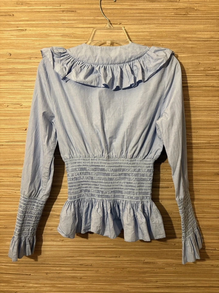 Tory Burch Smocked Cotton Top Ruffle-Trim Peplum Blouse Sz 2 - Изображение 4 из 4