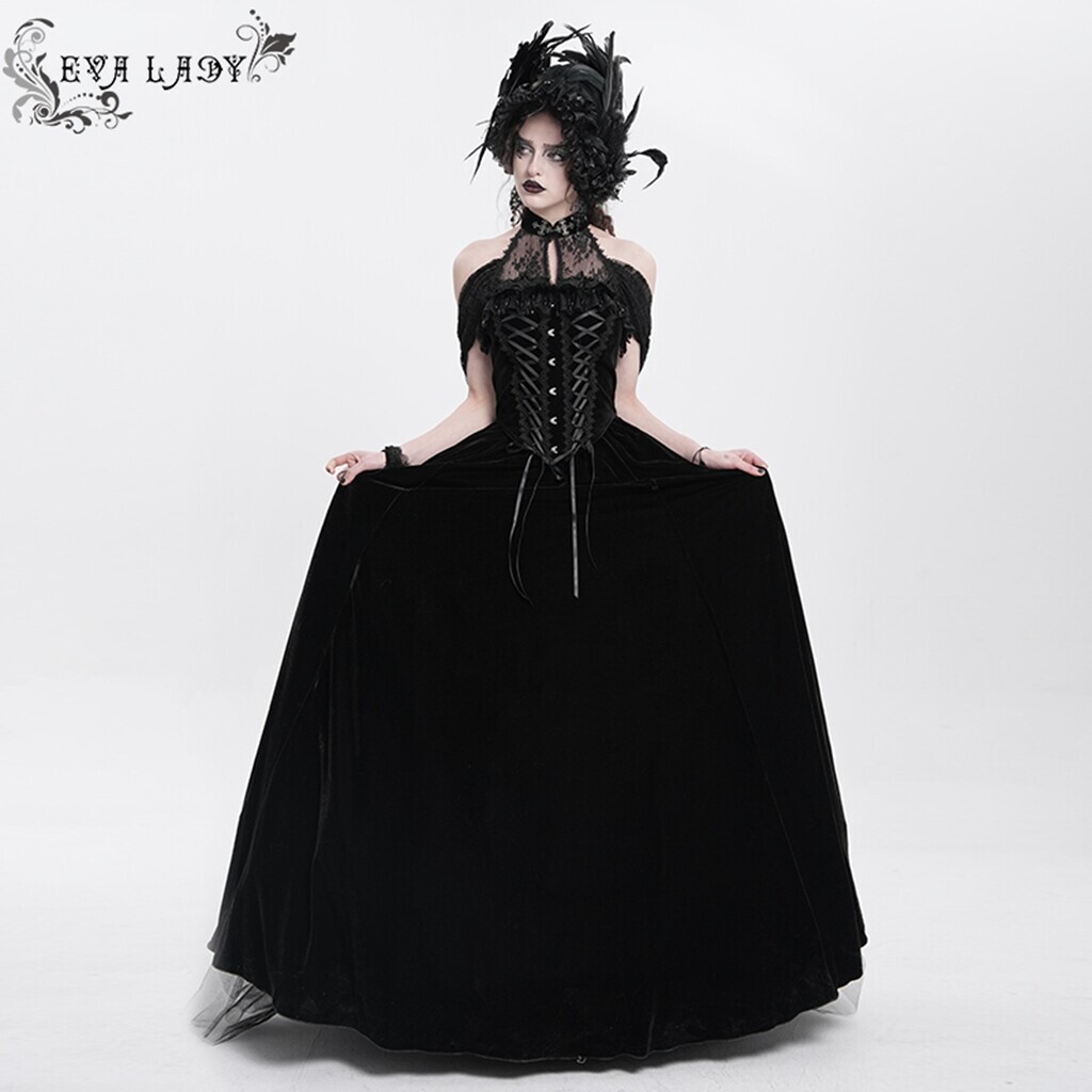 Eva Lady Women Black Gothic Vintage Lace Spliced Velvet Halter Long Party Dress