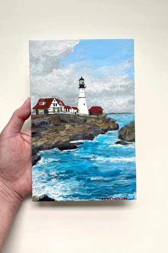 Pintura acrílica Portland Head Light arte faro original 5,5 x 8,5 pulgadas - Imagen 2 de 5