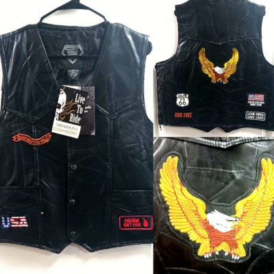 GENUINE BUFFALO LEATHER BIKER VEST DIAMOND PLATE 7 PATCHES EMBROIDERED SIZE XL