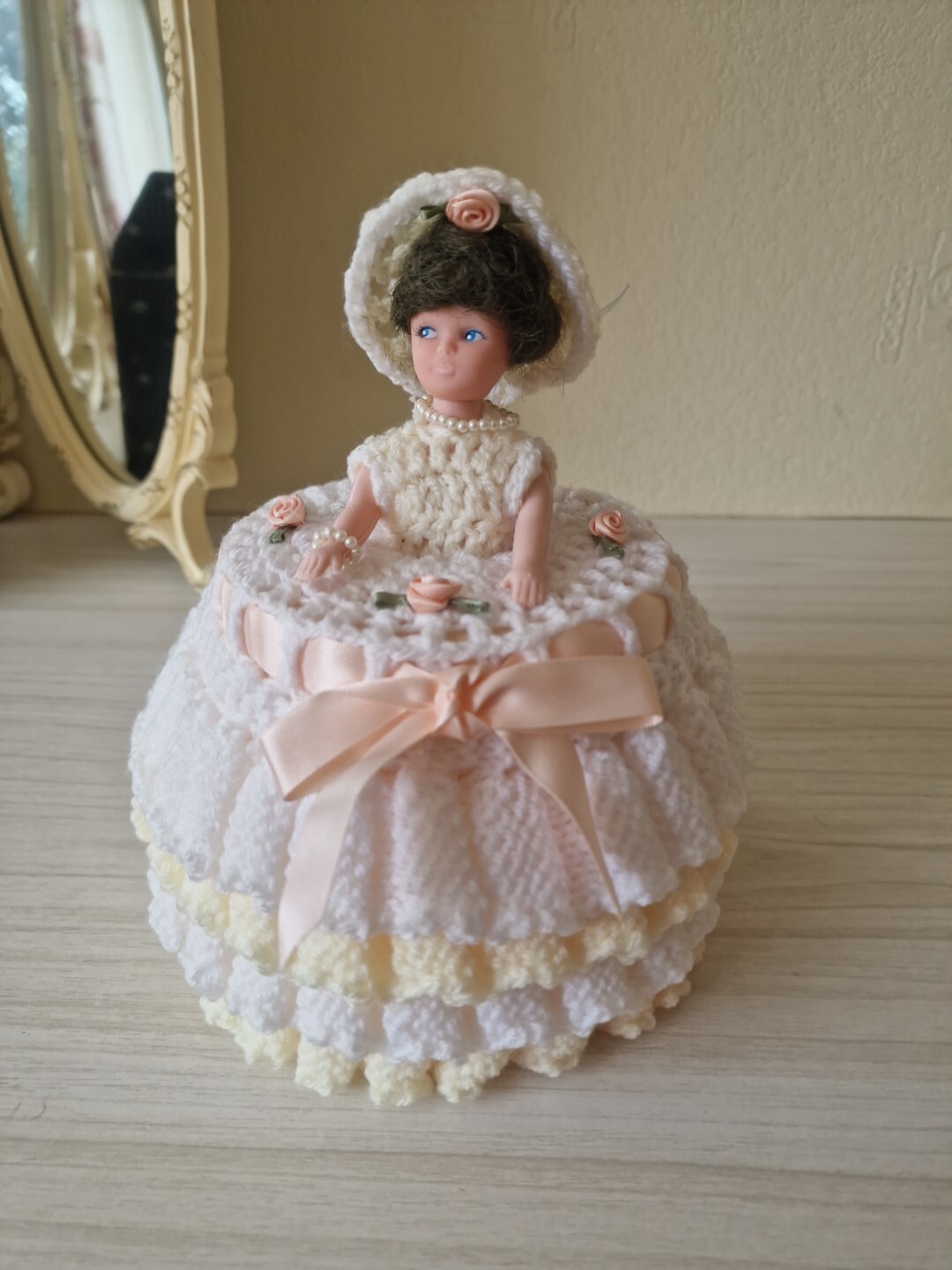 Vintage Doll Toilet Roll Holder Knitted Crochet Retro White Bathroom