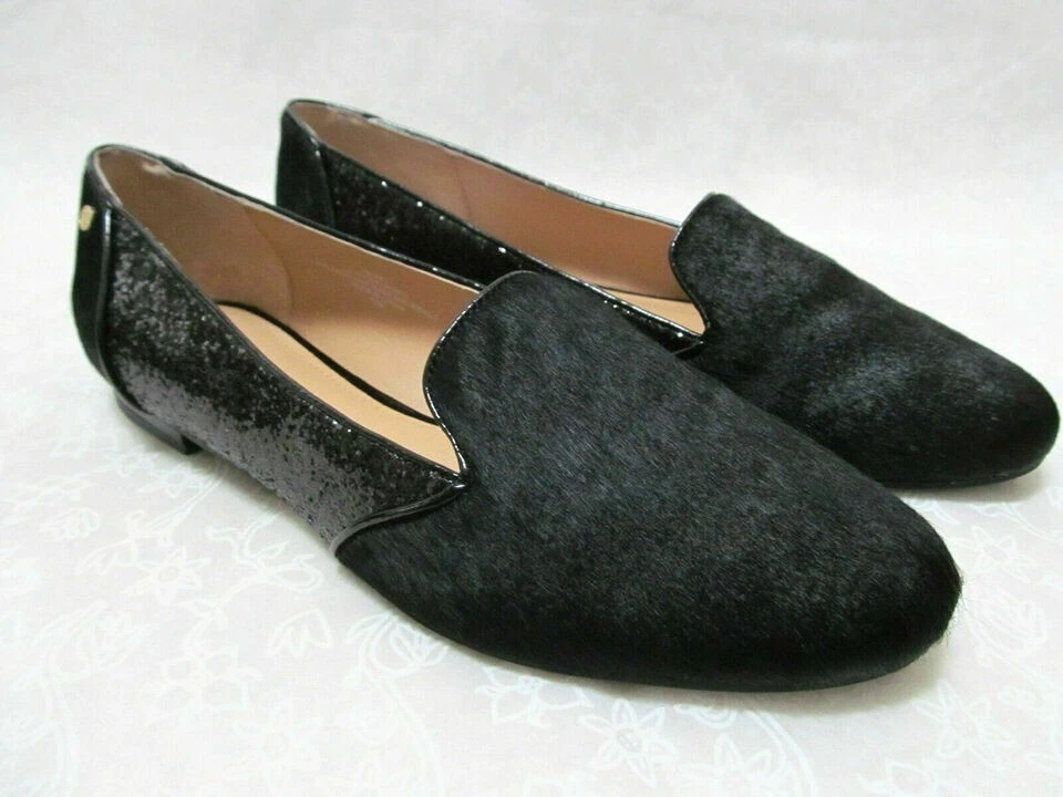 Calf Hair Loafers Iman Comfort Plus Black Glitter Slip On Leather Shoes NEW