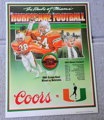 Rare ERROR 1984 MIAMI HURRICANES Schedule FOOTBALL POSTER Howard Schnellenberger