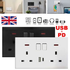 1/5PC Double Wall Plug Socket 2 Gang 13A with USB Type C Port Outlets Flat Plate