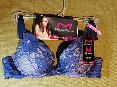 MAIDENFORM 32A~09443~Navy Embellished Lacey Demi Plunge Sexy Push-Up  NWT