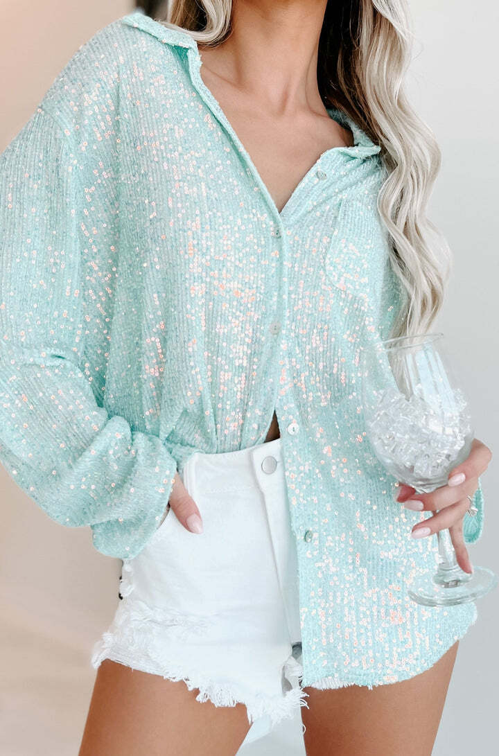 POL CLOTHING AQUA BLUE SEQUIN BUTTON UP SHIRT BEACH COVER UP SPARKLY CUTE  NEW | eBay