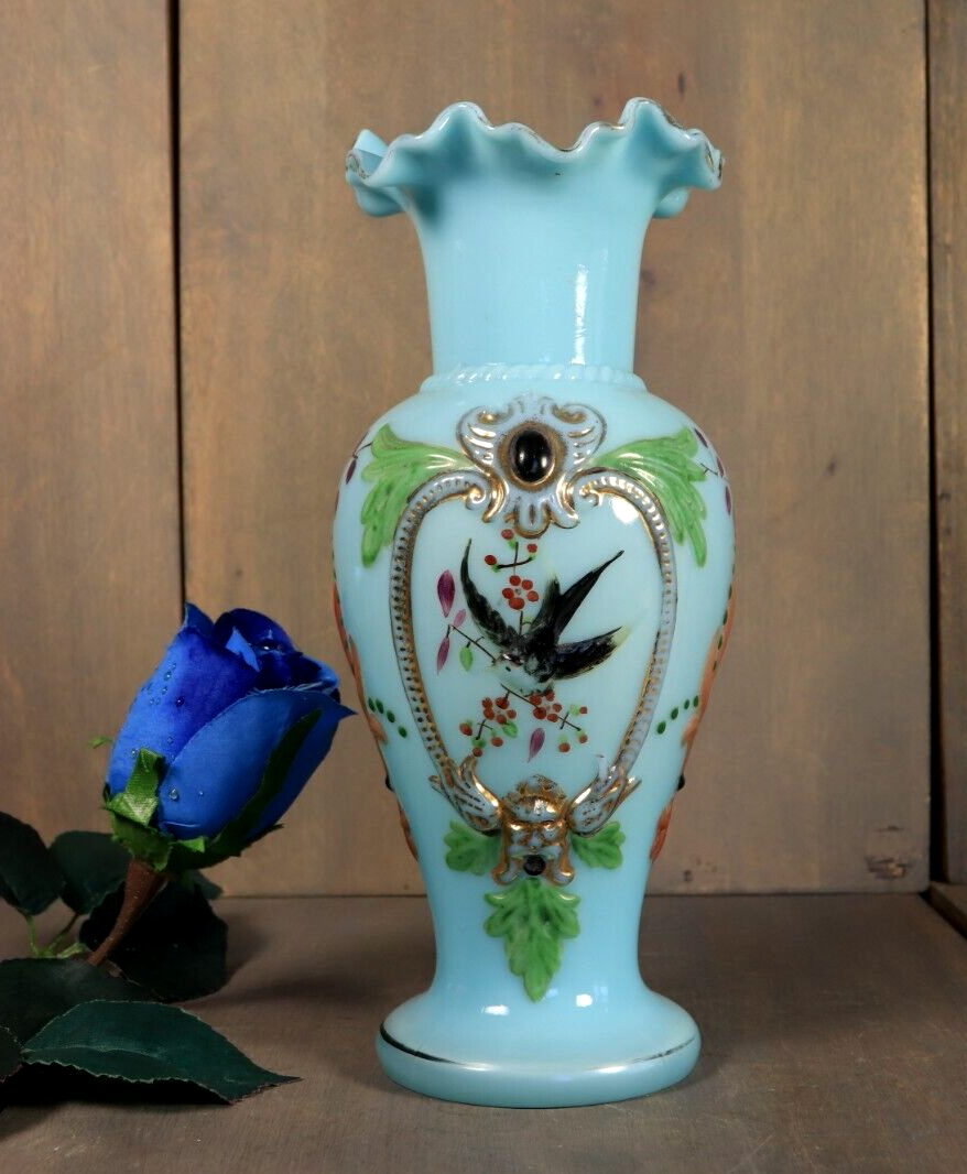 オパリンガラスのブルーピシェ Antique French Blue Opaline Vase Glass Enameled Bird Victorian