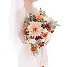Ling's Moment Terracotta Bridal Bouquet Cascading, Orange Wedding Bouquets fo...
