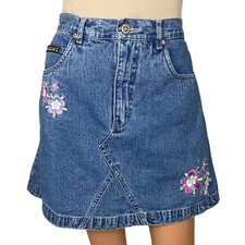 Vintage 90 s Y2K Blue Denim Mini Skirt Embroidered Flowers High Waist 11/12