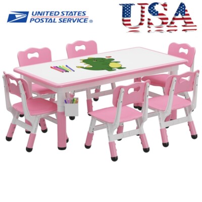  Kids Table and 6 Chair Set with Storage Box, Height Adjustable Toddler Table   