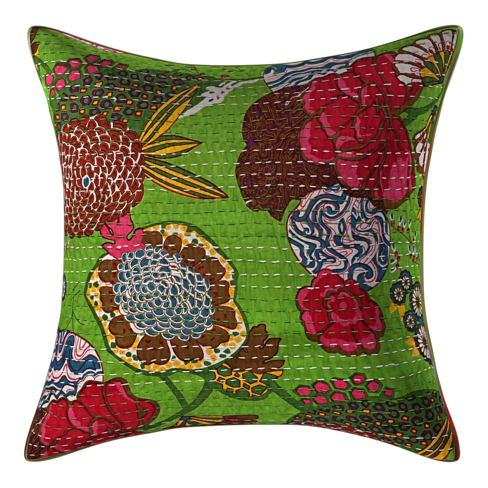 16"" CAPA DE ALMOFADA INDIANA FRONHA KANTHA TRABALHO FLORAL ÉTNICO ARREMESSO DECORAÇÃO ARTE - Imagem 3 de 4