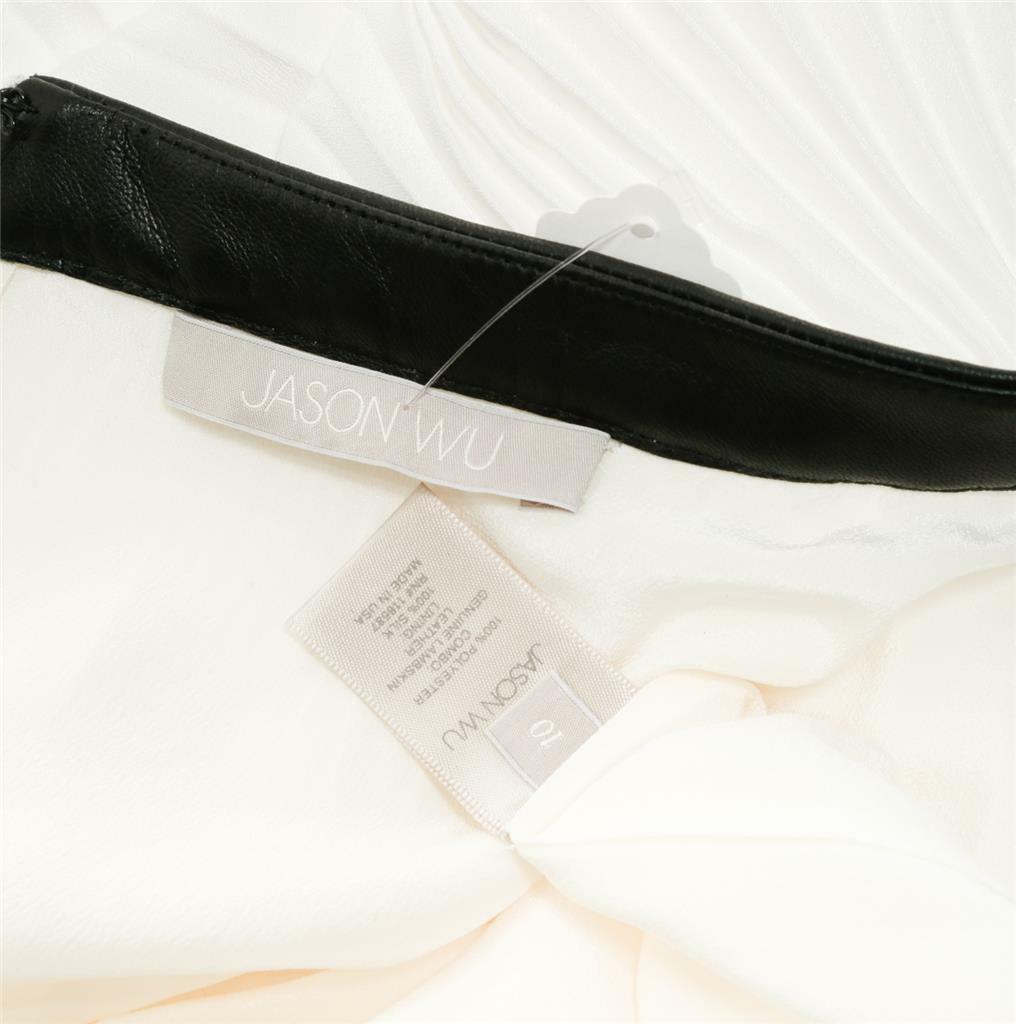 Jupe Jason Wu Blanche Plissée Avec Bordure Cuir Noir - Taille 10, Neuve Sans étiquettes
